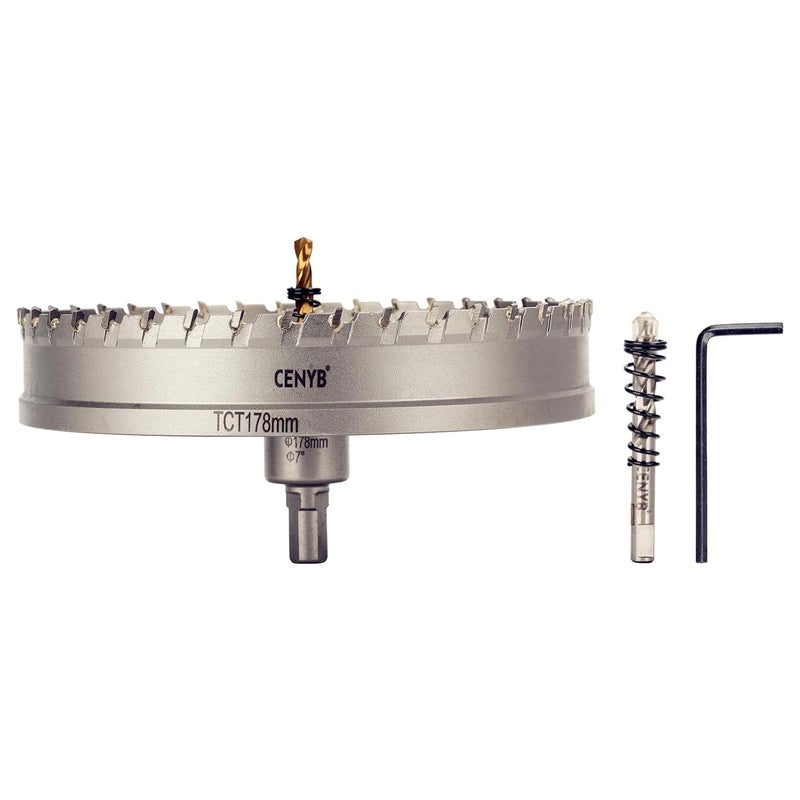 cenyb 7" (178mm) Tungsten Carbide Tipped Hole Saw with 2Pcs Titanium-Plated Pilot Drill Bits for Hard Metal,Stainless Steel,Iron,Aluminum Alloy,Wood and Plastic - Image 1